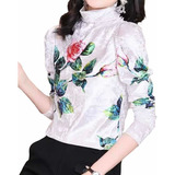 Blusa Linda Elegance Manga Longa Gola Alta Veludo Floral