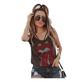 Blusa Regata Tshirt Estonada Rolling Stones Bordado Pedraria