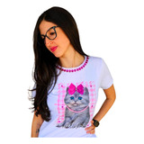 Blusa Tshirt Feminina Gatinha Rosa Com Pedrarias Na Gola 