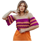 Blusinha Cropped Crochê Tricot Ciganinha Colorida C/elastico