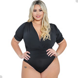 Body Feminino Plus Size Manga Curta Bufante Gola V Ajustav 