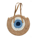 Bolsa De Praia Feminina De Palha Marrom E Azul Olho Grego