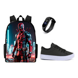 Bolsa Escolar Dead Pool Mais Relógio E Tênis Casual Juvenil
