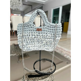 Bolsa Feminina Em Fio De Malha   Cinza E Branca