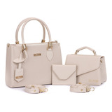 Bolsa Feminina Transversal E Bolsinha Com Mini Carteira Acambamento Dos Ferragens Ouro Cor Creme Correia De Ombro Creme Desenho Do Tecido Lisa