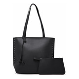 Bolsa Sacola Grande Shopper Anapê De Ombro E Lado Com Necessaire Acambamento Dos Ferragens Prata Cor Preto Desenho Do Tecido Liso