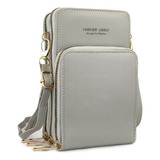 Bolsa Transversal Feminina E Carteira Porta Celular Couro Cor Cinza Desenho Do Tecido Liso