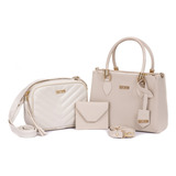 Bolsa Transversal Media E Bolsa Pequena Com Mini Carteira Acambamento Dos Ferragens Ouro Cor Creme Correia De Ombro Creme Desenho Do Tecido Lisa