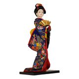 Boneca Japonesa Gueixa Kimono Azul Leque Dourado Decora 30cm
