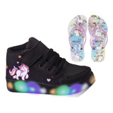  Botinha Infantil Led Feminina Unicórnio Luzinha + Chinelo