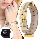 Bracelete Dourado Couro Feminino
