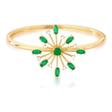 Bracelete Flor Com Zircônias Verde Esmeralda, Banho Ouro 18k