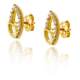 Brinco Ouro 18k Dupla Folha Tipo Gota Com Zircônias Promoção