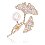 Broche Folhas Strass Perola