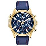 Bulova Relógio Masculino Marine Star Series B Aço Inoxidável Com 6 Ponteiros Cronógrafo De Quartzo, 100 M, Tom Dourado/mostrador Azul, One Size, Pulseira De Aço Inoxidável Marine Star Series B Quartzo