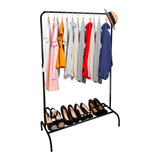 Cabideiro Arara De Roupas Com Sapateira Organizador Closet Cor Preto