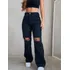 Calça Feminina Jeans Wide Leg Com Rasgos No Joelho Fashion