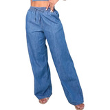 Calça Jeans Feminina Pantalona Wide Leg Cos Alto C Elastico