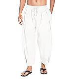 Calça Masculina Casual Lisa Tecido Perna Larga Bolso Plissado Calça Cordão Calça Moda Solta Antiderrapante, Branco, G