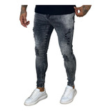 Calça Skinny Preta Rasgada Masculina Jeans C/ Elastano Lycra