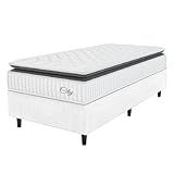Cama Box Colchão Solteiro Molas Ensacadas City Pillow Top 88x188x61cm Linho Branco/preto Hellen - Suporta Até 110kg Por Pessoa