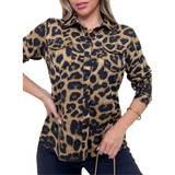 Camisa Blusa Social Feminina Animal Print Onça
