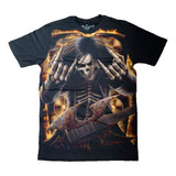 Camisa Masculina Skull Rock Guitarra Violao Camiseta Caveira