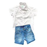 Camisa Social Branca + Bermuda Jeans Infantil Menino Sport