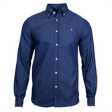 Camisa Social Jeans Oxford Manga Longa Masculina Resistente 