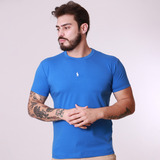 Camiseta Básica Camisa Masculina Slim Fit Bordada Azul Claro