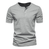 Camiseta Casual Masculina Henley Cor Lisa Manga Curta