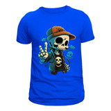 Camiseta Caveira Camisa Azul Blusa 100  Algodão Fio30 1 Dtf