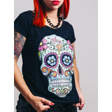 Camiseta Feminina Caveira Catrina Skull Manga Curta