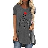 Camiseta Feminina Com Estampa De Coração, Gola Redonda, Manga Curta, Solta, Plus Size, Tops, Cinza, Xxg