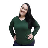 Camiseta Feminina Manga Longa Gola V Moda Plus Size Até G4