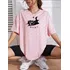 Camiseta Feminina Oversized Malha Algodão Estampa De Gato