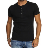 Camiseta Henley Slim Fit Manga Curta Gola Redonda Preta