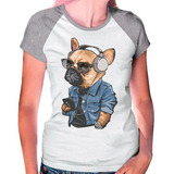 Camiseta Raglan Buldog Francês Pet Dog Cinza Branca Fem01
