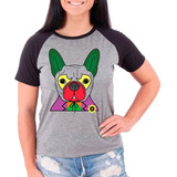 Camiseta Raglan Buldog Francês Pet Dog Cinza Preto Fem03