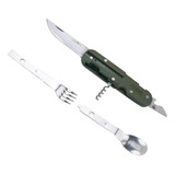 Canivete Multi Funções Conjunto Talheres Garfo Faca Colher Cor Verde/prata