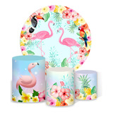 Capas Cilindro + Painel Redondo Flamingo Floral Sublimado