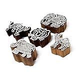 Carimbo De Bloco De Madeira Para Impressão Em Bloco - Conjunto De 5 Carimbos De Madeira Com Design De Animais, Blocos De Impressão Indianos Esculpidos à Mão Para Artesanato Em Tecido, Argila E