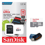 Cartão Microsd Sandisk Ultra 16gb 80mb/s + Leitor 15 Em 1