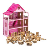 Casa De Bonecas Rosa 80cm + 52 Móveis Desmontados Adesivo