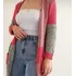 Casaco Maxi Cardigan Tricô Listra Rosa Cinza Mescla C/ Bolso