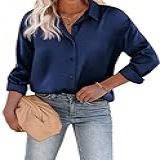Chigant Blusa Feminina De Cetim De Seda Com Botões, Casual, Solta, Manga Comprida, Trabalho, Túnica, Azul Marinho, 3g