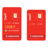 Chip Claro Kit 10: 2 Chip S/ Recarga+8 C/ R$10 De Recarga