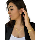 Cjto Colar Brinco E Pulseira Dourado Trevo Virginia Semijoia