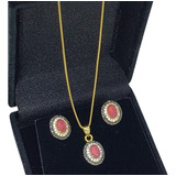 Colar Com Pingente E Brincos Cravejados Banho Ouro 4008 4009
