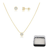 Colar E Brinco Ponto De Luz De Zircônia Banhado A Ouro 18k